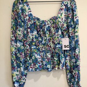 NWT Women’s Medium Squareneck Floral Peplum Top Ruched Multicolor With A Tie